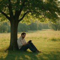 Man sitting under a tree reading a book