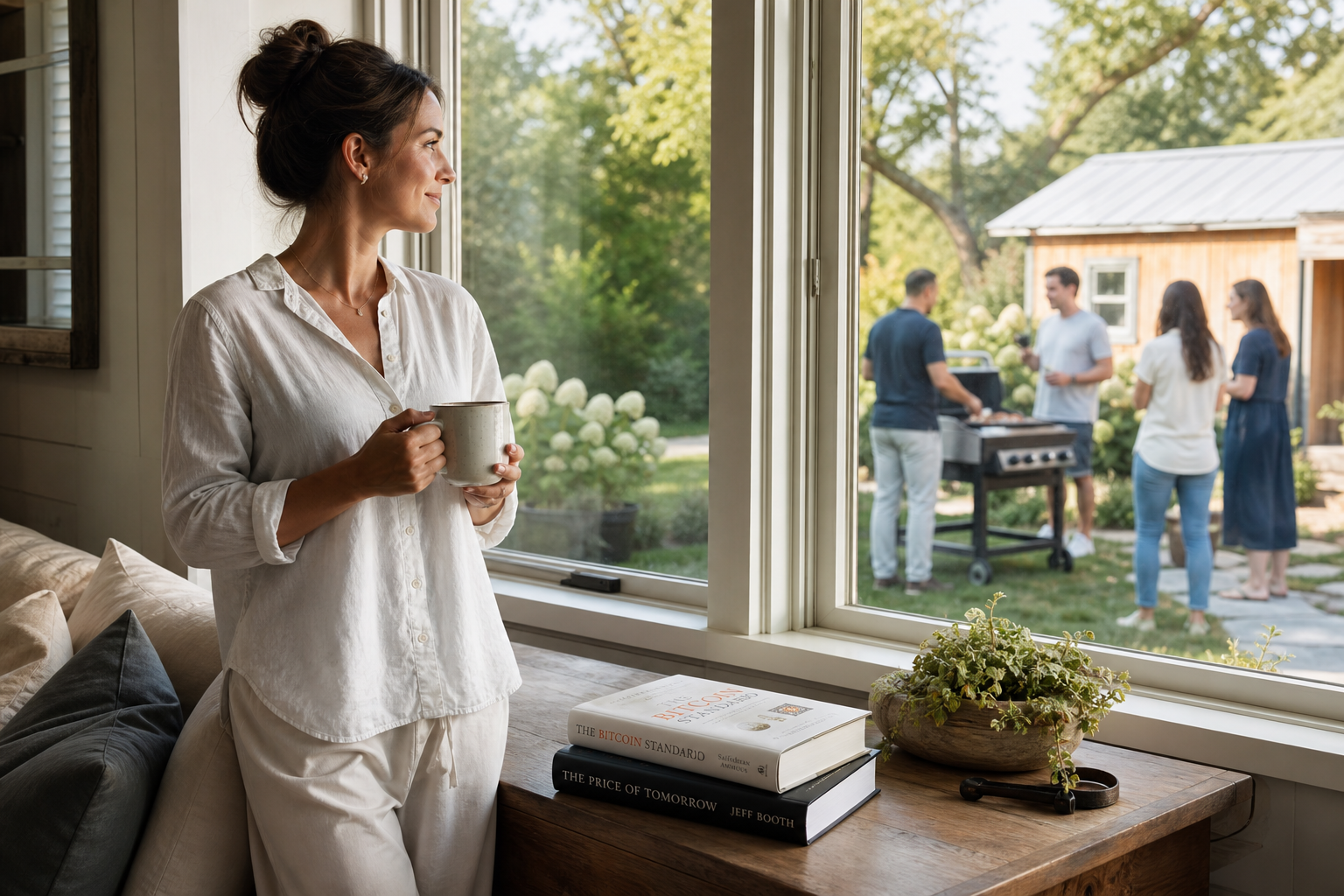 Contented woman watching her family