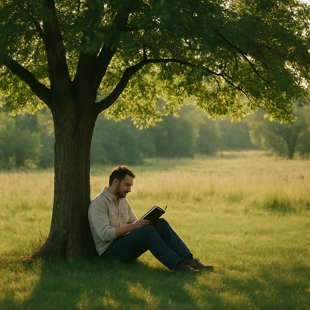 Man sitting under a tree reading a book